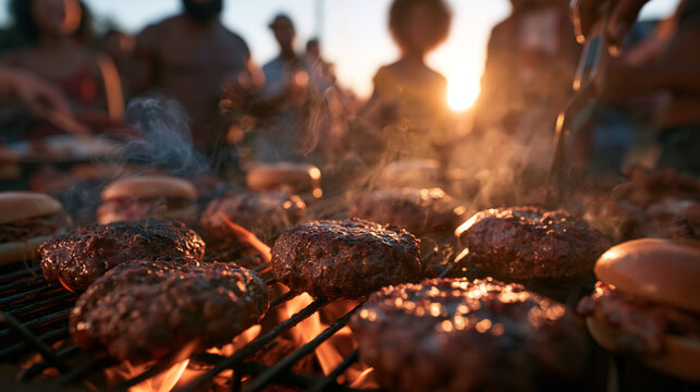Burger Patties Grilling on Barbecue at Outdoor Summer Party