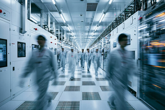 Engineers in Protective Suits Walking in Semiconductor Cleanroom