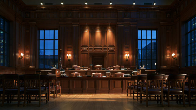 Empty Traditional Courtroom Interior with Wooden Bench