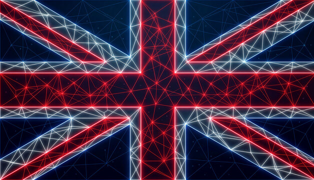 United Kingdom flag neon wireframe, Union Jack digital network technology background, abstract British cyber data visualization
