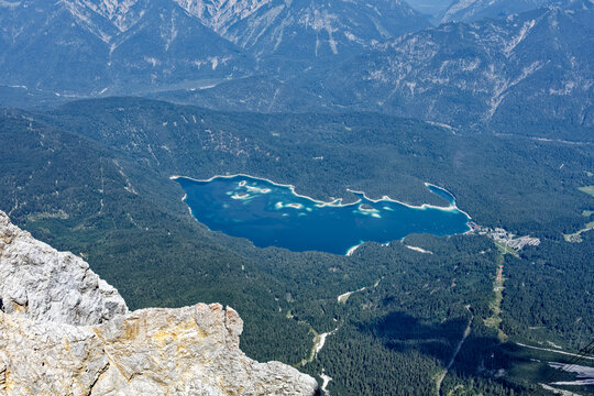 Aerial View of Turquoise Eibsee Lake and Alpine Mountains from Zugspitze Summit