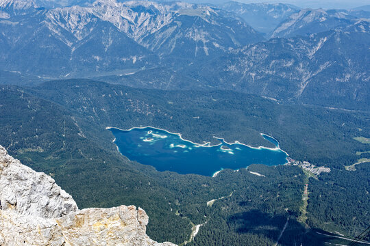 Aerial View of Turquoise Eibsee Lake and Alpine Mountains from Zugspitze Summit