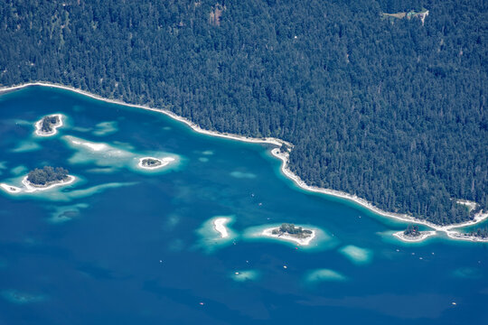 Aerial View of Turquoise Eibsee Lake and Alpine Mountains from Zugspitze Summit
