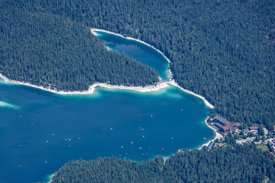 Aerial View of Turquoise Eibsee Lake and Alpine Mountains from Zugspitze Summit