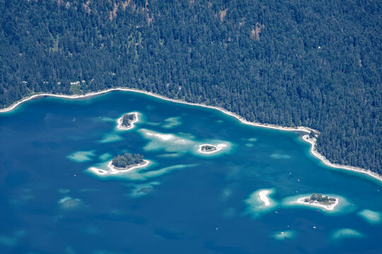 Aerial View of Turquoise Eibsee Lake and Alpine Mountains from Zugspitze Summit