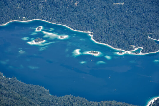 Aerial View of Turquoise Eibsee Lake and Alpine Mountains from Zugspitze Summit