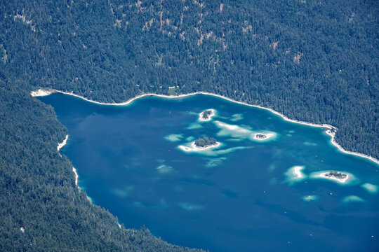Aerial View of Turquoise Eibsee Lake and Alpine Mountains from Zugspitze Summit
