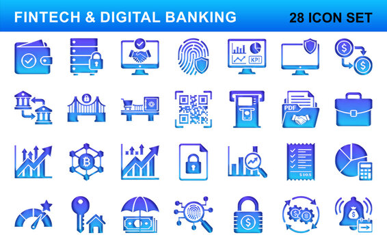 Fintech and digital banking icon set, 28 financial technology icons in blue gradient style, online payment and mobile banking symbols