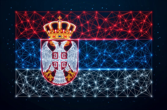 Serbia flag digital wireframe, glowing neon plexus low poly banner, futuristic Serbian national symbol background