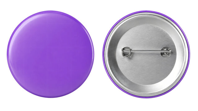 Blank purple round button badge, front and back view with metal pin isolated on transparent background