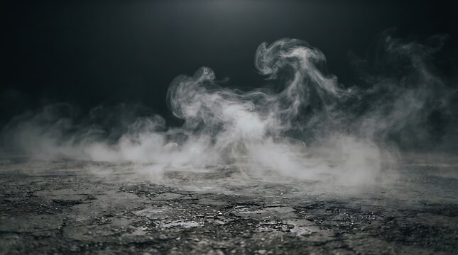 Dramatic swirling white smoke rising from cracked ground with a dark moody atmosphere and low key lighting for conceptual backgrounds
