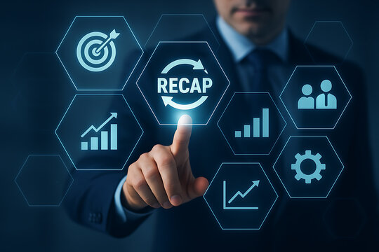 Recap Icon With Circular Arrows And Business Man Pointing At Screen summary