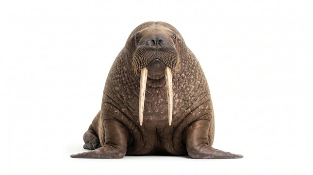 Large walrus with long tusks isolated on white