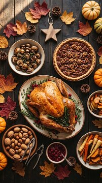 Thanksgiving day flat lay arrangement with roasted turkey and autumn leaves