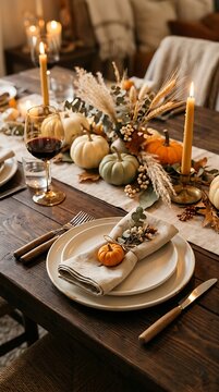 Cozy thanksgiving day table setting decorated with pumpkins and candles