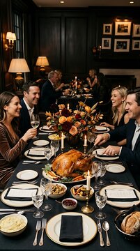 Happy family celebrating thanksgiving day together around a festive dining table
