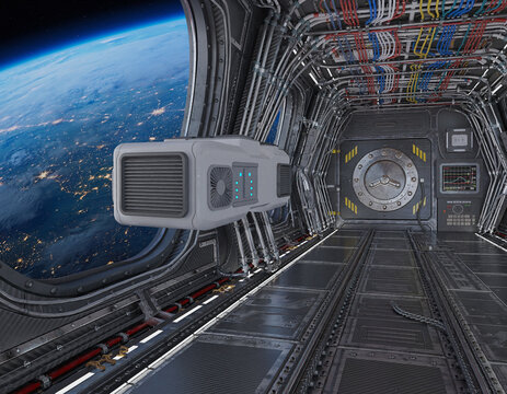A hyper-realistic, wide-angle interior view of a massive orbital space station module.