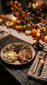 Single plate of traditional thanksgiving day dinner with roasted turkey