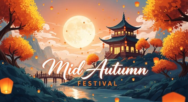 Mid autumn festival illustration with pagoda, trees, and lanterns under full moon