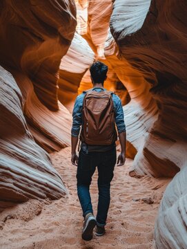 A man with a backpack walks through a narrow sandstone canyon with flowing, colorful rock formations. AI.