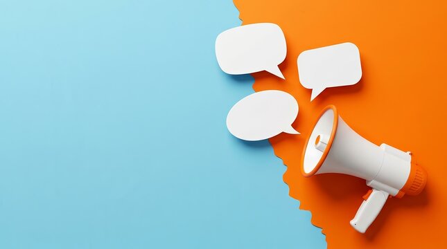 3D rendering of megaphones and speech bubbles against a light blue backdrop.