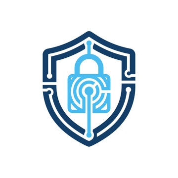 Cyber Security Shield Logo with Digital Padlock and Circuit Lines