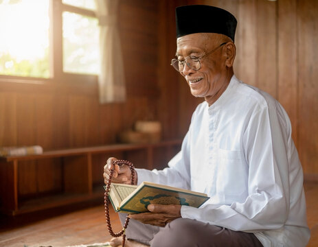 Senior Muslim Man Reading Holy Quran and Holding Tasbih, Transparent Background Isolated on White