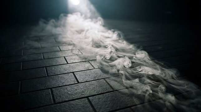 Dense white fog rolling over a dark stone brick path at night under a bright street light