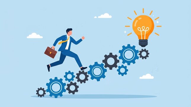 Businessman running up stairs made of cogwheel gears toward a glowing light bulb idea.