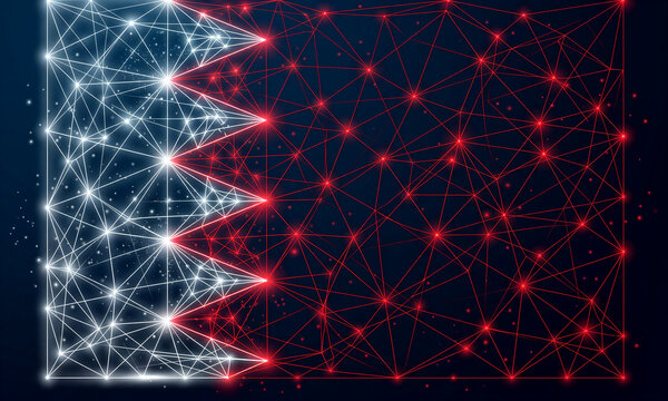 Bahrain flag digital network background, futuristic wireframe mesh design with glowing lights