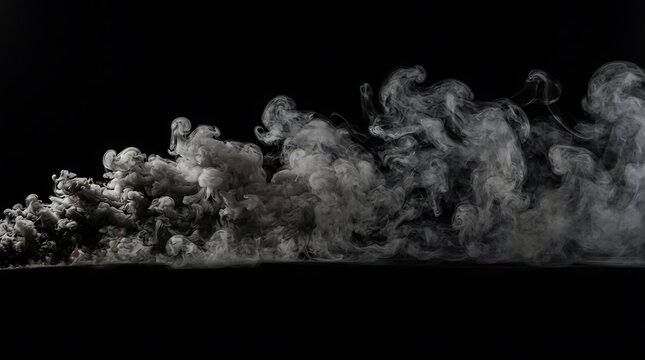 Thick grey smoke cloud spreading horizontally isolated against a solid black background