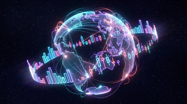Digital globe with glowing stock market bar charts and network connections, global finance and trading technology concept