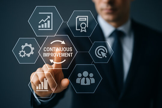 Hexagonal icons with charts gears and people representing continuous improvement concepts hexagon