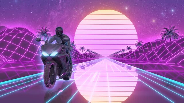Synthwave Cyberpunk Retro Motorcycle & Rider - Front View - VJ Loop Motion Background