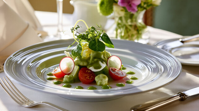 Gourmet appetizer salad with fresh radishes, cherry tomatoes, green sauce, and microgreens on a white plate in a restaurant setting