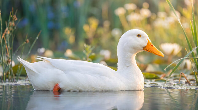 Detailed close up portrait of a pure white domestic Pekin duck swimming gracefully in calm shallow pond water surrounded by green reeds and lily pads at sunrise