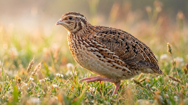 Detailed close up portrait of a wild Common Quail gamebird with speckled brown plumage walking cautiously across a lush green grassy meadow at the golden hour