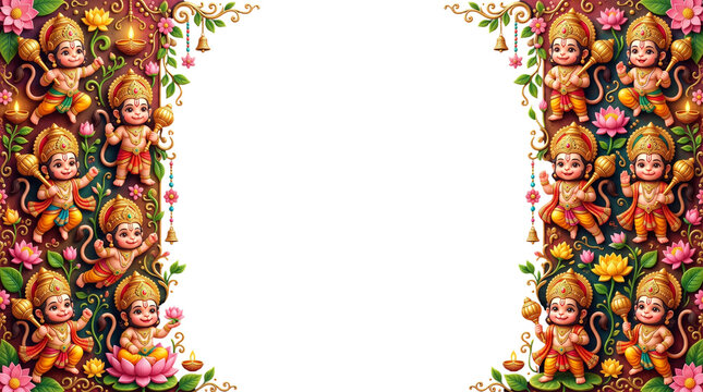 Cute baby hanuman with mace and lotus flowers isolated on transparent background