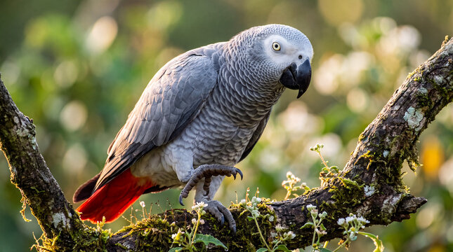 African Grey Parrot Perched on a Mossy Tree Branch in a Lush Forest with Soft Green Bokeh Natural Bird Photography