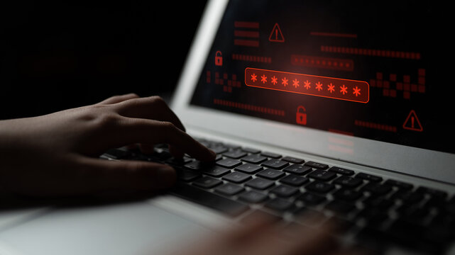 Password security breach warning with red asterisk box, cybersecurity alert, lock icons, and critical vulnerability signals in digital system access Latch