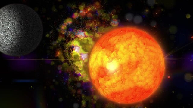 A massive celestial sphere floats through space, encircled by luminous rings, with a smaller satellite and distant stellar objects nearby.