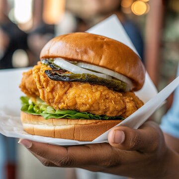 Crispy fried chicken sandwich with lettuce and onions held in hands wrapped in paper chicken burger fast food chicken fillet bread roll junk food