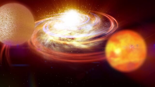 A massive celestial sphere floats through space, encircled by luminous rings, with a smaller satellite and distant stellar objects nearby.
