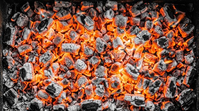 Glowing Charcoal Embers. Burning hot charcoal briquettes in a grill, summer BBQ preparation, outdoor cooking and food preparation background.