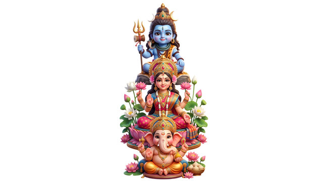 Cute hindu deities shiva parvati and ganesha isolated on transparent background
