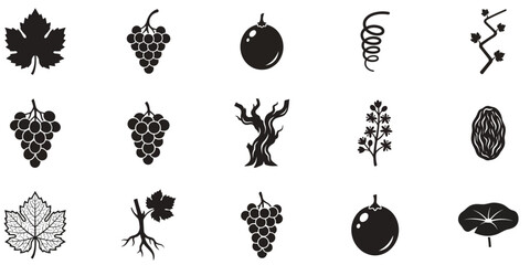 Naklejka premium Set of black and white grape vine icons featuring leaves fruit branches and vineyard elements for design