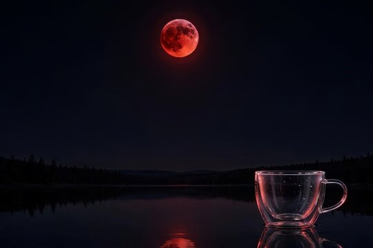 Cosmic Serenity. Empty glass cup floating on a dark lake under a red lunar eclipse, conceptual imagery for mindfulness and night reflection.