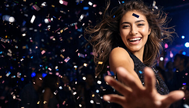 Joyful portrait of a smiling young woman in a sparkly black top, with hand outstretched, celebrating amidst flying silver and blue confetti at a club party