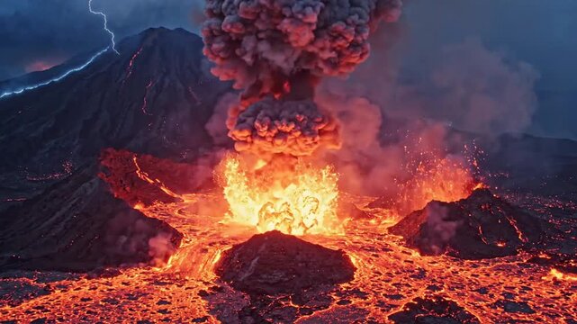 Volcanic Eruption: A cataclysmic volcanic eruption spews molten lava and ash into the sky, under a dramatic stormy sky with lightning.