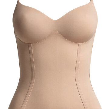 Smoothing camisole in nude featuring built in side boning panels presented isolated on transparent background